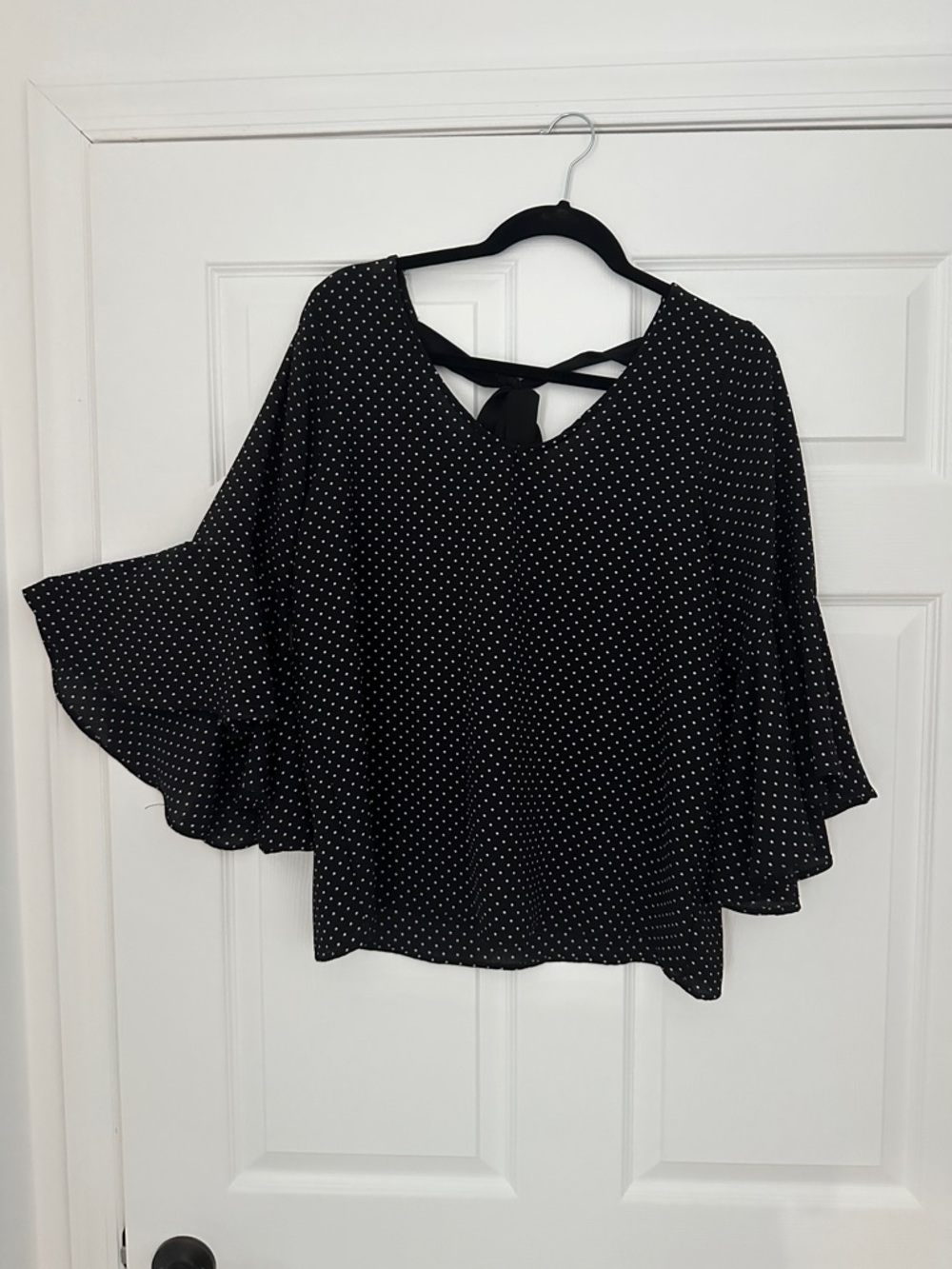 Black Polka Dot Flutter Sleeve Top with Back Tie Detail